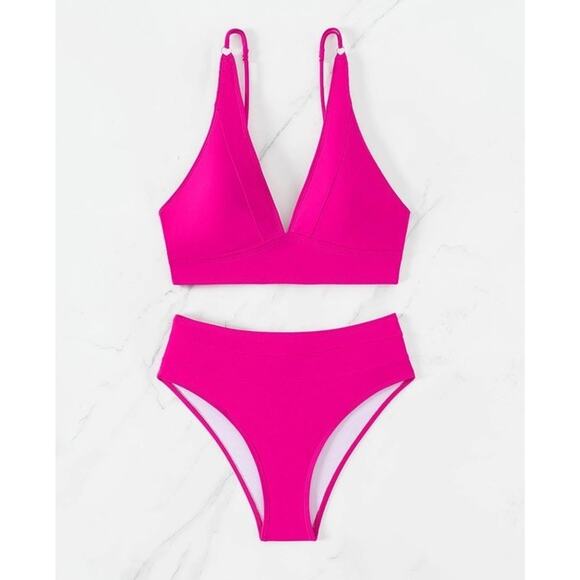 Womens High Waisted Bikini Set Two Piece Cheeky Hot Pink‎ Swimsuit S - Picture 1 of 10